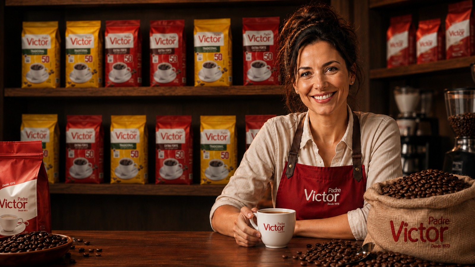 Atendente Café Padre Victor em uma loja com produtos da marca